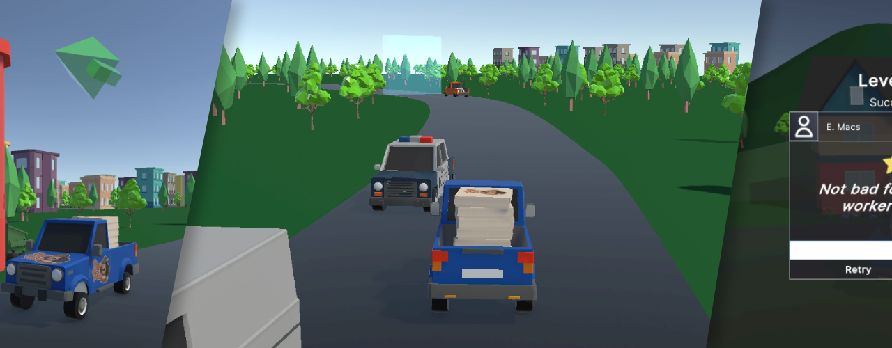 Screenshot collage of the game, including the main gameplay, end screen and the menu