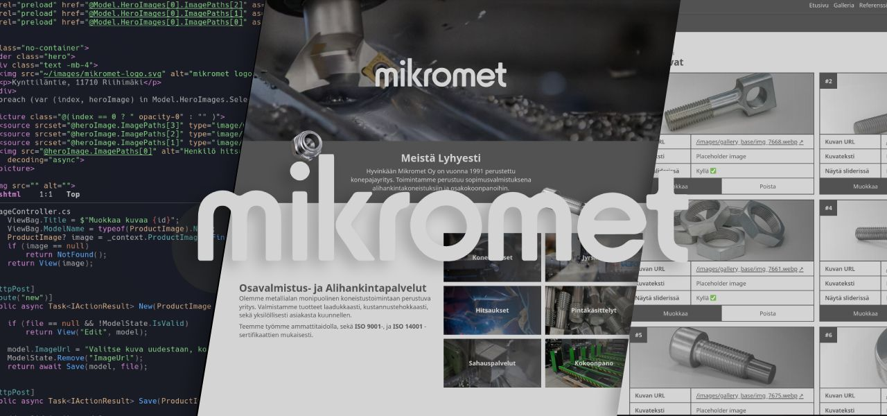Mikromet landing page with some code on the left side and the custom dashboard on the right