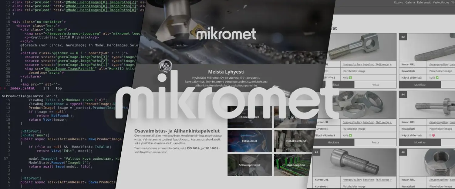 Mikromet logo in front of the place of operations and some code of the website